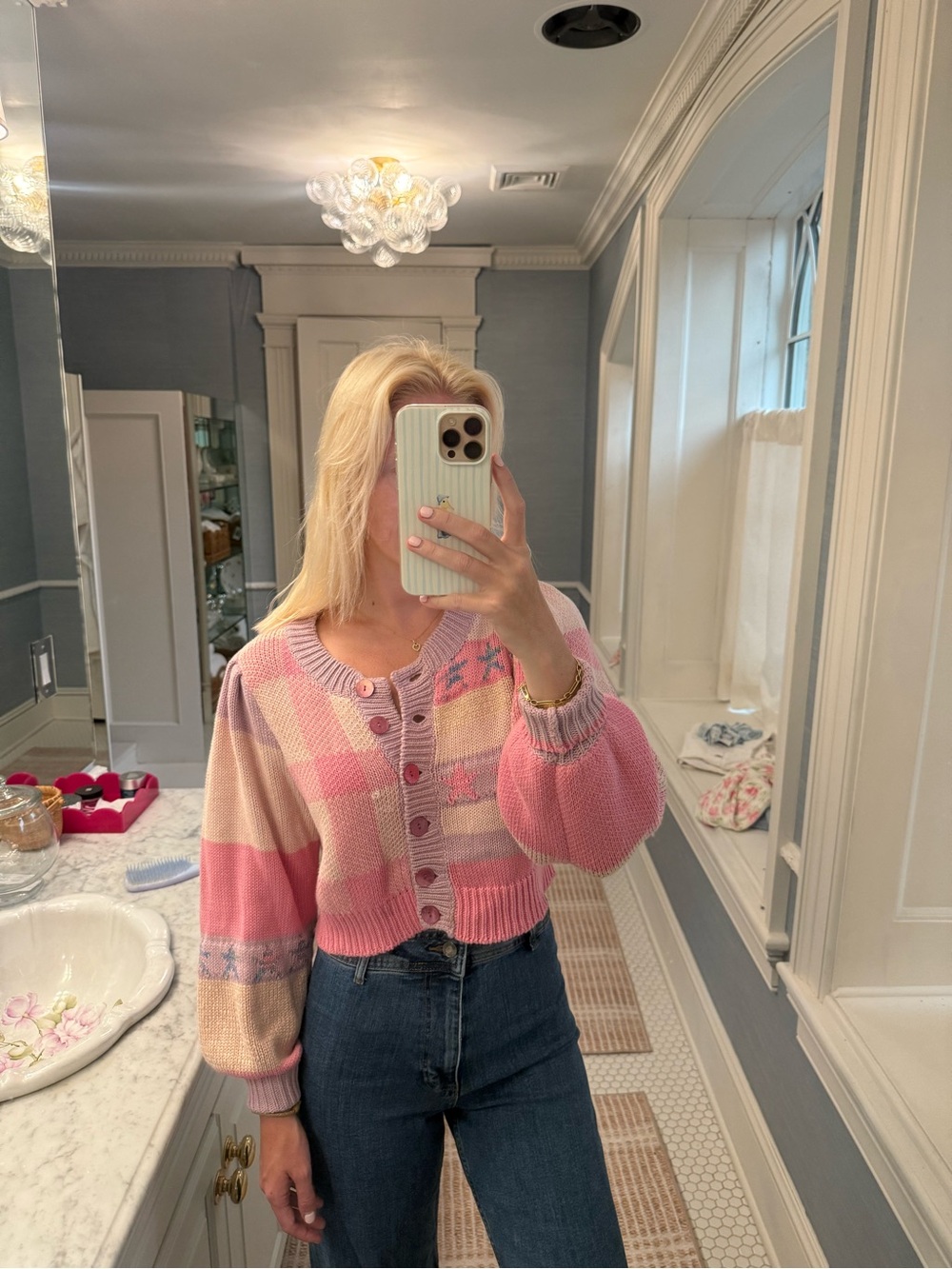 LoveShackFancy Pink Plaid Cropped Button Cardigan